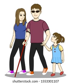 Vector illustration of Blind man and his family are walking together. His wife and his daughter take care and guide him. Everyone look happy. It's a lovely family image.