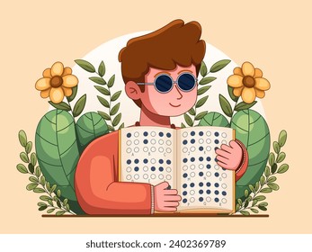 Ilustración vectorial: El hombre ciego presenta orgullosamente un libro en Braille, que simboliza el empoderamiento y la igualdad de acceso al conocimiento para los discapacitados visuales.