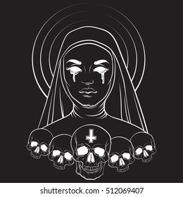 Ilustração vetorial de freira cega com sangue de crânio humano e cruz feita em estilo realista de linha desenhada à mão. Modelo para impressão de banner de cartaz de cartão para camiseta