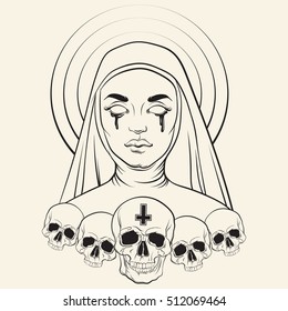 Vector illustration of blind nun with human skull blood and cross made in hand drawn line realistic style. Template for card poster banner print for t-shirt
