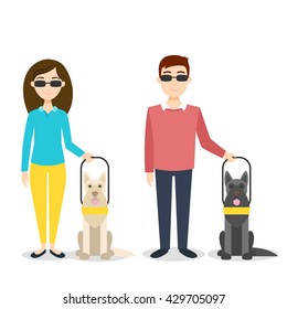 Vector illustration of blind person. Disabled man and woman with guide dogs. svg