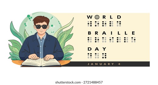 Vektorgrafik einer blinden Person, die ein Buch in Braille-Schrift liest, das zum Gedenken an den Welt-Braille-Tag geschaffen wurde, der jeden 4. Januar begangen wird.