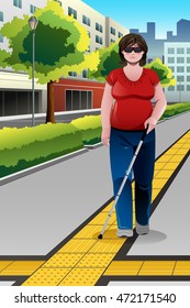 A vector illustration of blind woman walking on sidewalk