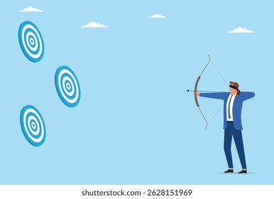 Vector illustration of a blindfold businessman trying achieve goal without vision