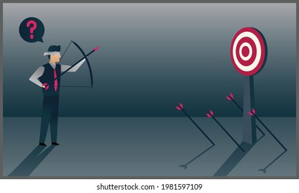 vector illustration of Blindfolded businessman shooting arrow. Missed the target