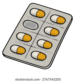Vector illustration of a blister pack with white and yellow pills, one capsule missing