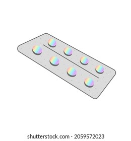 Vektorgrafik einer Blisterpackung mit Pillen in Perspektive. Regenbogenverlauf, holografischer Effekt. Medizin, Arzneimittel, Heilung, Tabletten. Gesundheit, Verschreibung