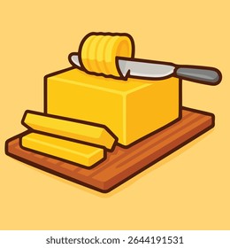 Vector illustration of a block of butter on a wooden board with slices and a knife. Great for food content, cooking visuals, and dairy designs.

