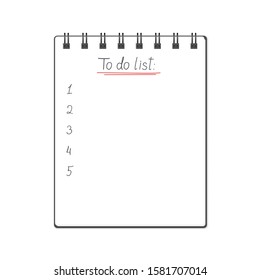 Vector illustration of block note with 'To do list' text sign. Realistic block note with to do list and numbering. Notepaper can be used as a mock up, background or template for your projects. Eps 10.