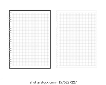Vector illustration of block note with torn block note page set. Empty notebook with square grid isolated on white. Blank notepapers can be used as a mock up, background or template. Eps 10.