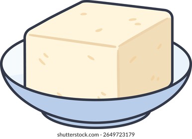 Vector illustration of a block of tofu served in a simple white bowl. Ideal for vegetarian or healthy food concepts.