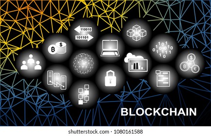 Vector illustration of blockchain concept with low poly background. Connected hexagonal shapes.