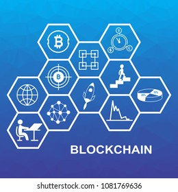 Vector illustration of blockchain concept with low poly background. Connected hexagonal shapes.