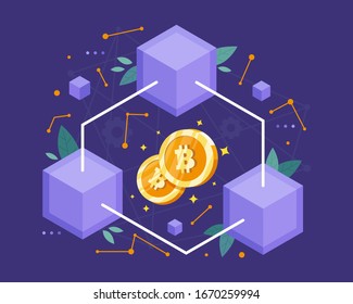 Vector illustration Blockchain concept. Blockchain technology concept, Cubic nodes connected by chain or line. Distributed database for cryptography. Vector illustration in flat style