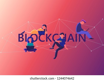 Vector illustration of Blockchain word concept with young people using laptop and phone for database coding and development software platform for digital assets.