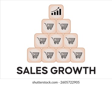 Vector illustration of blocks with growth chart icon and shopping cart symbol. Increasing sales volume makes business growth concept. sales growth