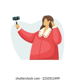 Vector illustration of a blogger shooting content on a phone with a selfie camera. Profession. Flat style