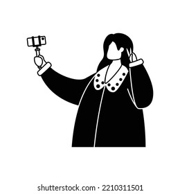 Vector illustration of a blogger shooting content on a phone with a selfie camera. Profession. Outline