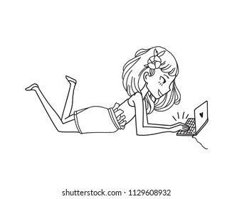 Vector illustration. Blogging concept. Happy girls character learning. Work for laptop. Use for article, blogs and website. Manga comics style. Big ideas. Correspondence with friends