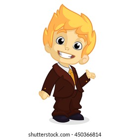 Vector illustration of a blond boy in man's clothes. Cartoon of a young boy dressed up in a mans business brown suit presenting