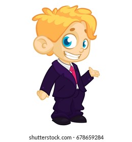 Vector illustration of a blond boy in man's clothes. Cartoon of a young boy dressed up in a mans business brown suit presenting. Outlined