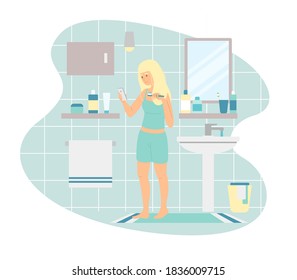 Vector illustration of blond cartoon female in pajama browsing smartphone and brushing teeth during morning routine in bathroom at home