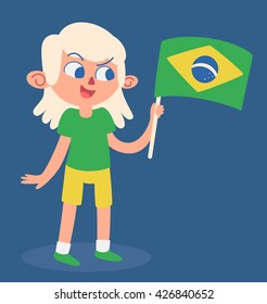 Vector illustration of a blond cartoon girl holding a flag from brazil.