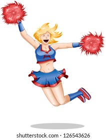 A vector illustration of a blond cheerleader jumping in the air with happiness.