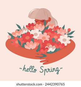 Vector illustration of blond cute woman with flowers in your hand and text Hello spring