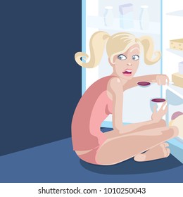 Vector illustration of a blond female caught eating from refrigerator late at night. 