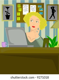 Vector illustration of blond female sitting in home office thoughtfully working on laptop.