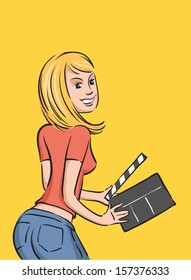 Vector illustration of blond girl with clapboard. Easy-edit layered vector EPS10 file scalable to any size without quality loss. High resolution raster JPG file is included.