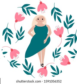 Vector illustration with a blond girl in green dress  in a hand drawn frame with flowers and leaves in colors of mentol and pink. Illustrations to Womens day.Application in the printing industry, merc