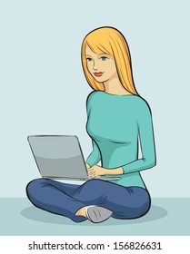 Vector illustration of blond girl sitting with laptop computer. Easy-edit layered vector EPS10 file scalable to any size without quality loss. High resolution raster JPG file is included. 