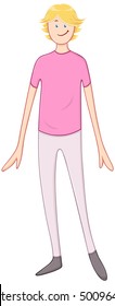 Vector illustration of a blond guy in pink shirt standing and smiling.