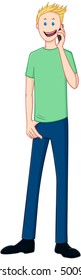 Vector illustration of a blond guy standing and talking on the phone.