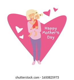 Vector illustration of blond mom hugging daughter. Flat illustration of mom's love. Cartoon characters design of pregnant mummy and little girl. Personages with heart shape and text for mother's day