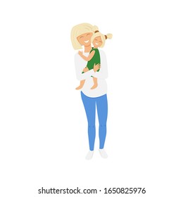 Vector illustration of blond mom hugging daughter. Flat illustration of mom's love. Cute cartoon characters design of pregnant mummy that holding and cuddling her little girl. Usable for mother's day