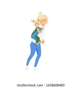 Vector illustration of blond mother and daughter in flat cartoon style. Family spends time playing together. Mummy put on back little girl. Cute and funny concept design of activities isolated