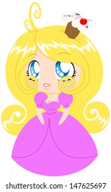 A vector illustration of a blond princess in pink dress and cupcake on her head.
