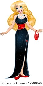 Vector illustration of a blond woman in black evening dress. 