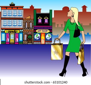 Vector Illustration of a blond woman Christmas shopping with bags dressed fashionably.