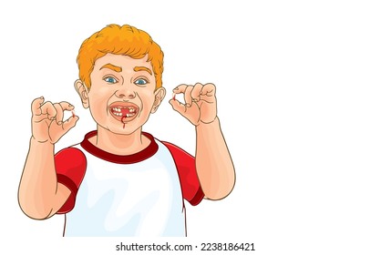 Vector illustration of blonde boy with blue eyes holding bloody milk tooth,blood flowing from mouth,shocked that two milk teeth are broken,isolated on white.Take care baby's gums,teeth,Dental hygiene.