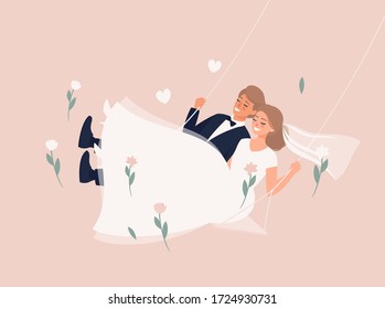 Vector illustration of  blonde bride and groom swinging on a swing with flowers on the pale pink background