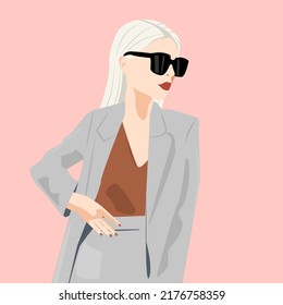 Vector illustration of a blonde business lady in an office suit and sunglasses. Woman in a jacket employee, student or teacher. Fashionable girl on a pink isolated background