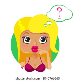 Vector illustration. Blonde cartoon character. A round avatar of a pretty girl. Blonde girl thinks.