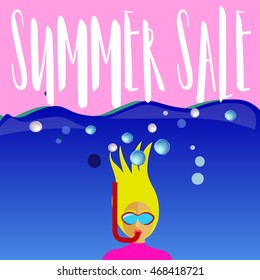 Vector illustration blonde diver under water card " summer sale ".Woman diver on the coast.
