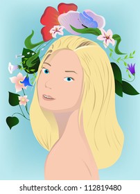 vector illustration of blonde with flowers on blue