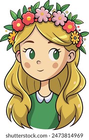 Vector illustration of a blonde girl adorned in a floral wreath