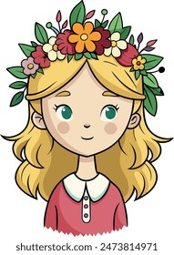 Vector illustration of a blonde girl adorned in a floral wreath